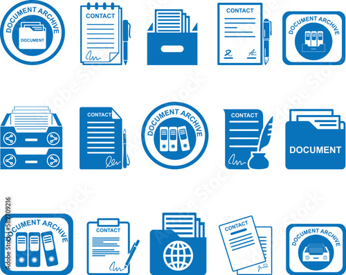 Contact and document archive icon set, business icon set of 15 icons blue vector