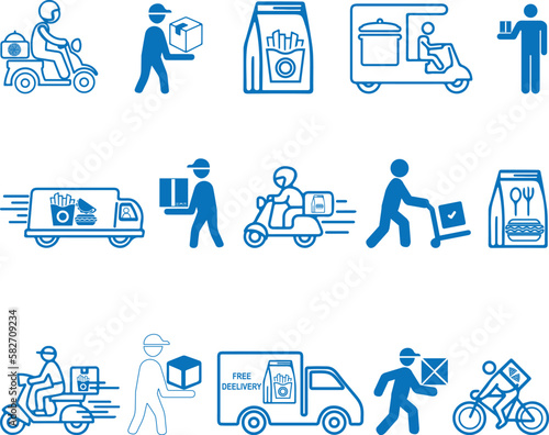 15 food delivery icon set, delivery service icon set blue vector