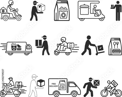 15 food delivery icon set, delivery service icon set black vector
