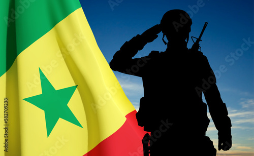 Silhouette of a saluting soldier on background of sky with Senegal flag. Concept - Armed Forces. EPS10 vector