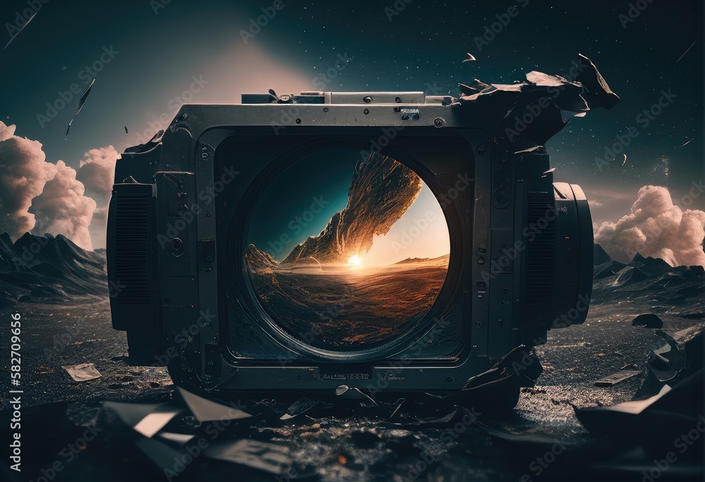 Reflection of an apocalyptic city on the lens of a camera created with ...