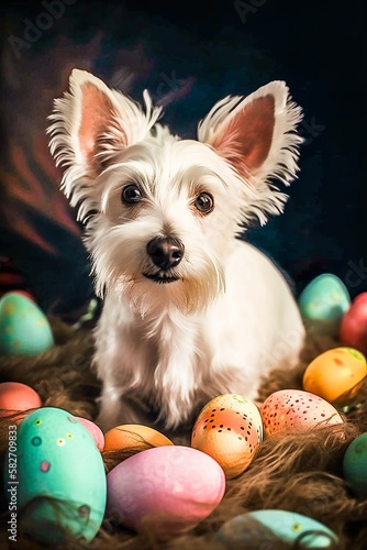 a west highland terrier with overly large ears like a bunny or rabbit with expressive eyes, sitting among colorful easter eggs