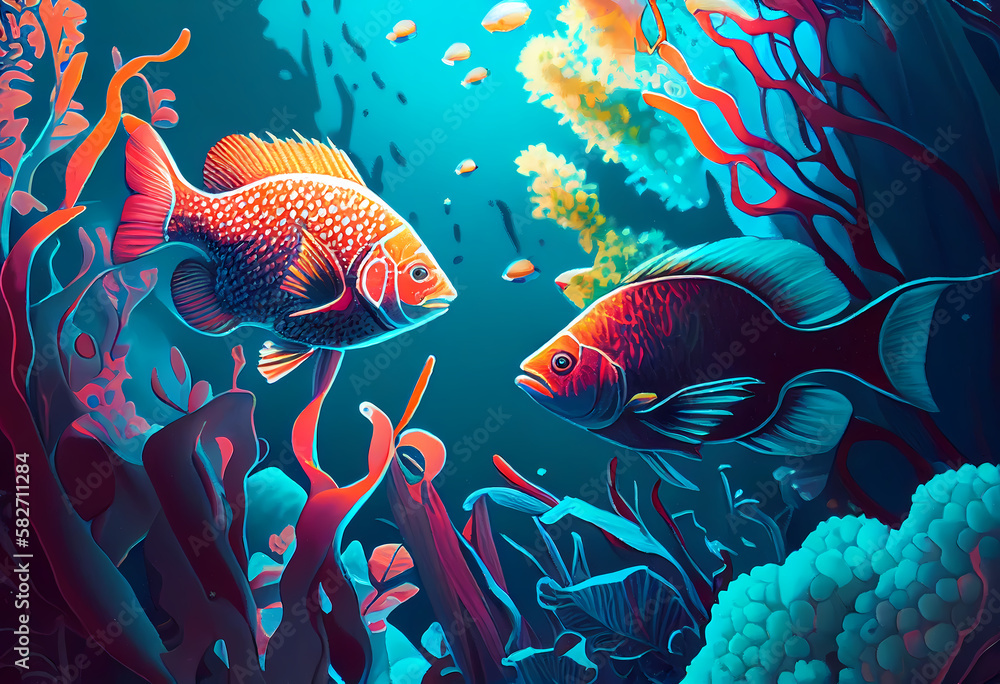 Fototapeta premium fish in the ocean with coral, acrylic ink art - Generative AI