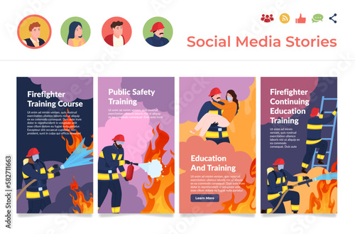 Firefighter training education course social media stories landing page app interface set vector
