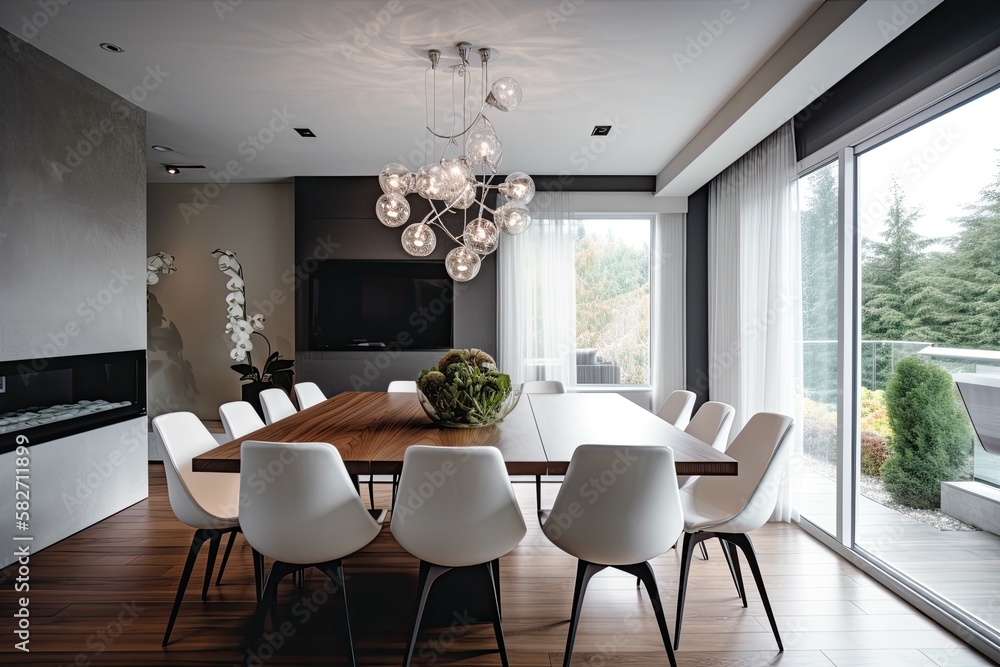 Fototapeta premium A great modern dining room would look sleek and minimalistic, with clean lines, a cohesive color scheme, and statement pieces that add visual interest and texture - Generative AI