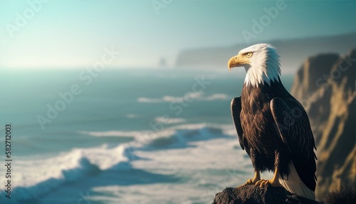 Eagle on cliff with mountains and ocean in background. Generative AI