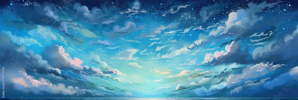 Panoramic ocean view late evening after sunset, calming blue colors, refreshing sea vibes, sandy beach, far horizon, star filled summer night - generative AI