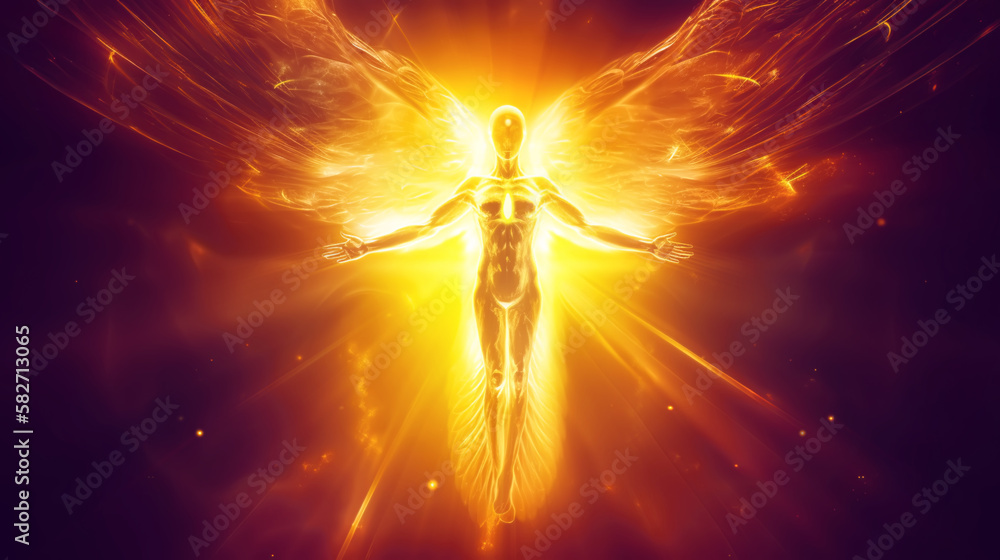 Illustration spiritual energy departs from a praying angel	