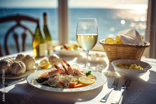 Mediterranean lunch by the sea  Generative AI