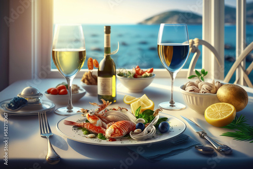 Mediterranean lunch by the sea, Generative AI