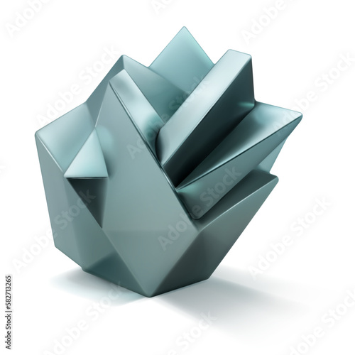 Low poly 3d shape as a abstract crystal polyhedron in silver color with a shadow on a white background photo