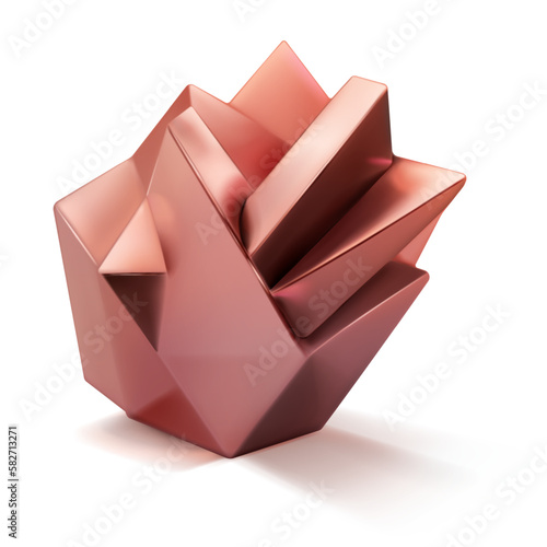 Low poly 3d shape as a abstract crystal polyhedron in bronze color with a shadow on a white background photo