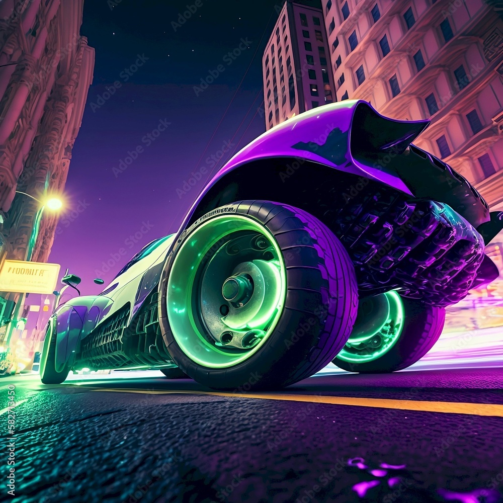 Purple and green racing car drives in the middle of