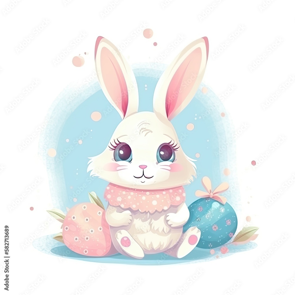 Fototapeta premium Adorable Easter Bunny cartoon on a white background. Generative AI