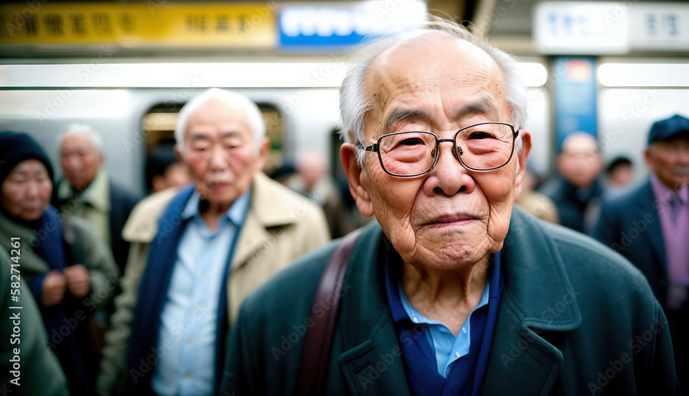 A Japanese Senior Man Commute Through a Crowded and Colorful Tokyo Subway Station Generative AI Photo A Japanese Senior Man Commute Through a Crowded and Colorful Tokyo Subway Station Generative AI Photo