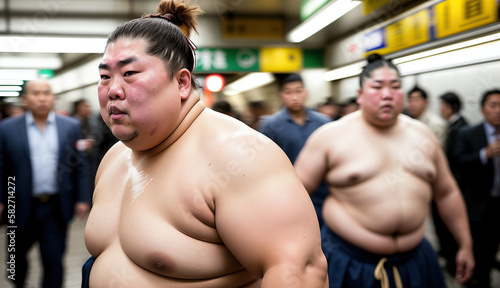 A Sumo Wrestlers Commute Through a Crowded and Colorful Tokyo Subway Station Generative AI Photo