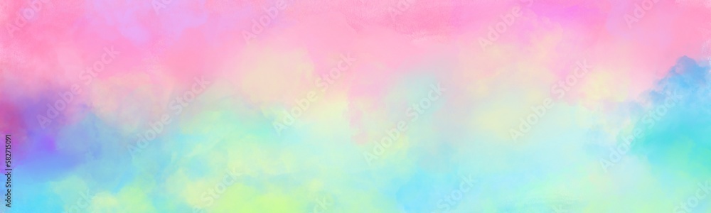 Colorful watercolor background of abstract sunset sky with puffy clouds in bright rainbow colors of pink green blue yellow and purple. Abstract painting banner for web and composition - obrazy, fototapety, plakaty 