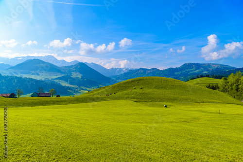 Green fields with blue sky, Schoenengrund, Hinterland, Appenzell Ausserrhoden Switzerland