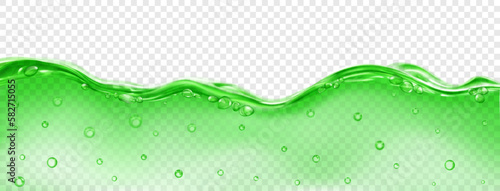 Translucent wave of sea water in green color with air bubbles on the surface and in the depth, isolated on transparent background. Transparency only in vector file