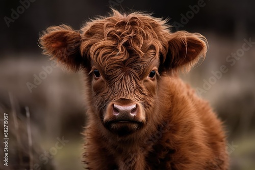 Nature's Scottish Highlander, a newborn calf. Generative AI