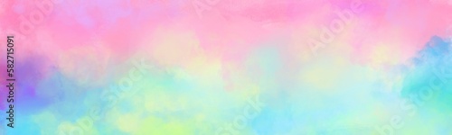 Fotografiet Colorful watercolor background of abstract sunset sky with puffy clouds in bright rainbow colors of pink green blue yellow and purple