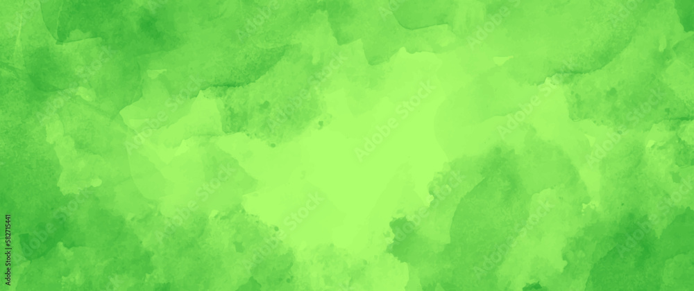Green vector watercolor art background. Textured paper. Spring watercolour texture for cards, flyers, poster, banner, cover design. Brushstrokes and splashes. Painted template.	

