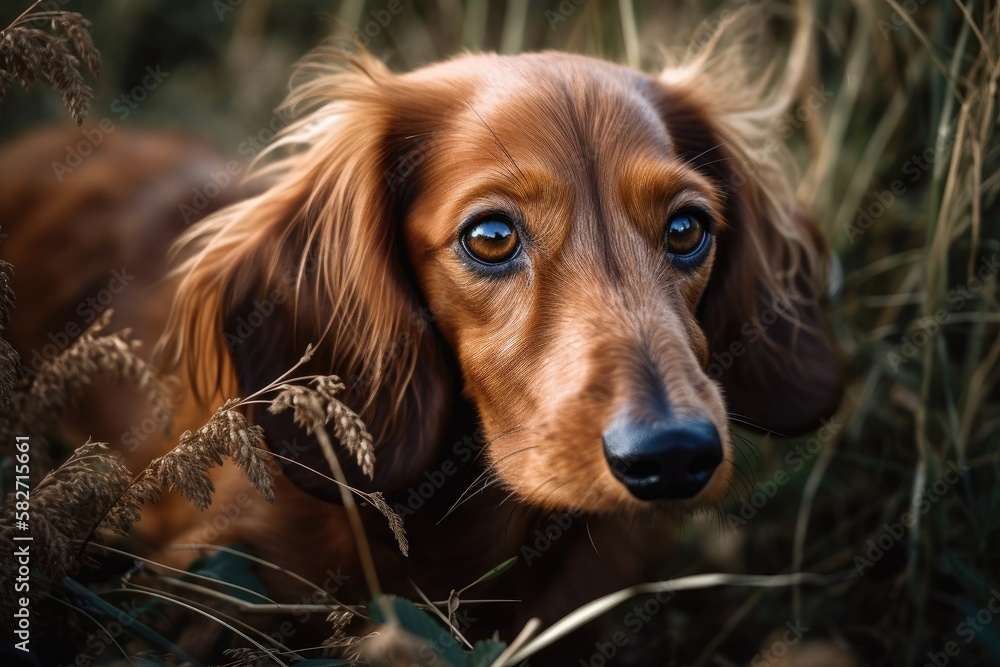 In the Grass Portrait of a Red Long Haired Dachshund. Generative AI