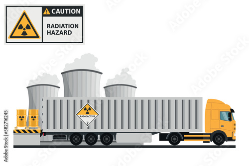 Trailer container for the transport of radioactive waste. Radioactive waste management. Warning Radioactive material. Industrial safety and occupational health at work