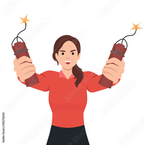 Angry businesswoman holding dynamite in hands threatening to make explosion because of poor performance company employees. Dynamite in hands. Flat vector illustration isolated on white background