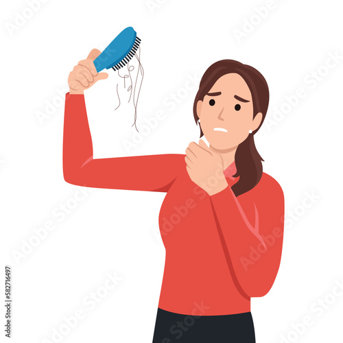 Alopecia, hair loss in young age, hair problems, baldness. A female with a comb in hand. Flat vector illustration isolated on white background