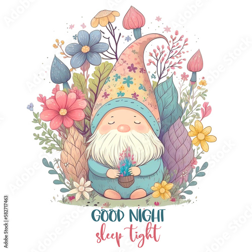 A sleepy gnome is sitting on the lawn among magic flowers Good night sleep tight