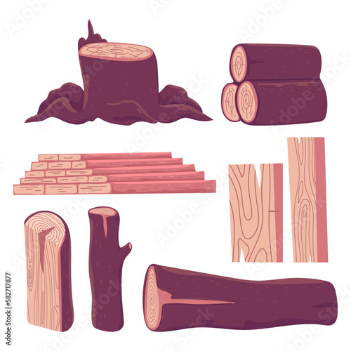Tree logs, wood, branches and lumber vector cartoon set isolated on white background.