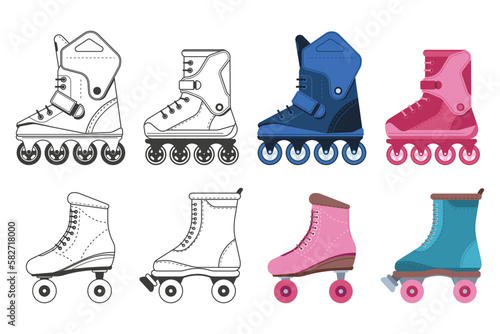 Rollerblades and skates vector cartoon set isolated on a white background.
