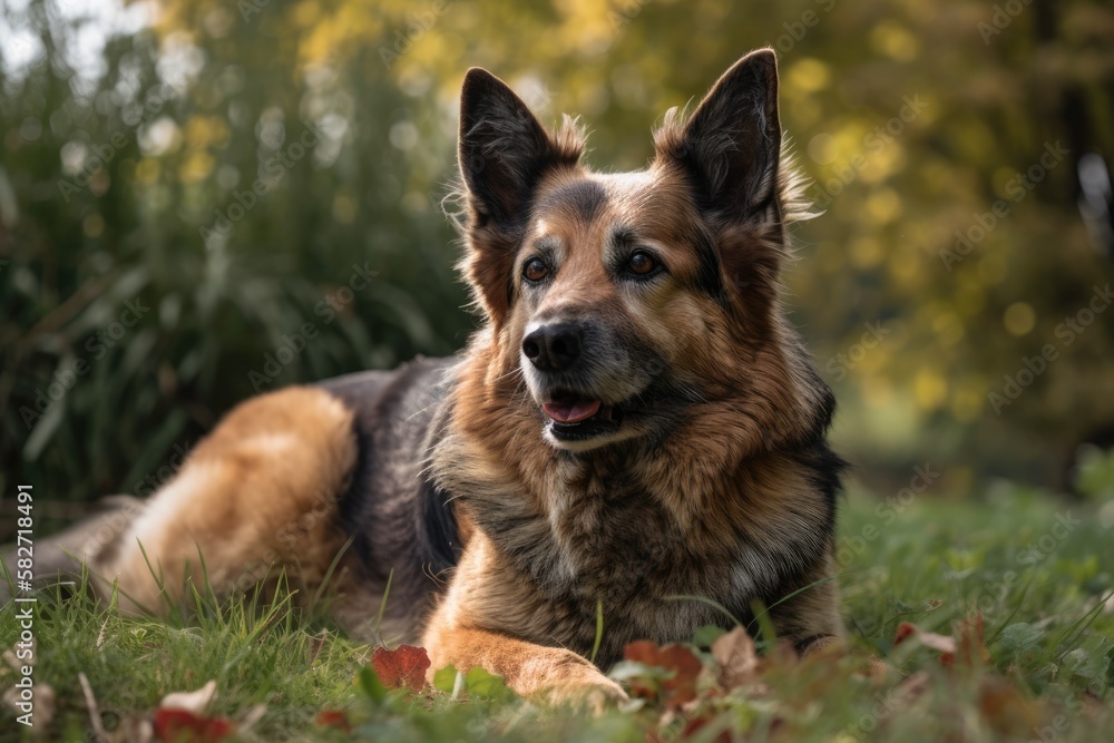 An elderly Alsatian approaches the camera, tongue protruding. An Alsatian or German Shepherd dog in a park, country meadow, or grass field. The background is green. clear eyes. sunny. Generative AI