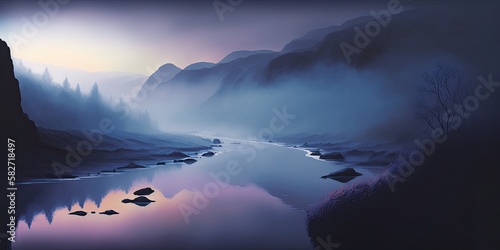 Foggy Lake at Sunset  generative ai