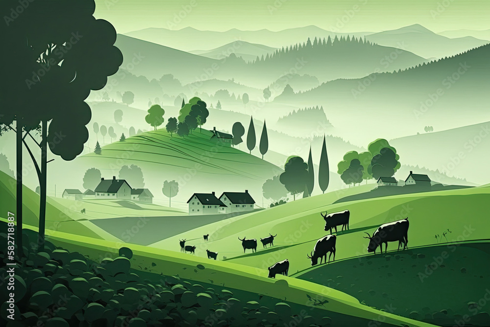 Rural landscape with field, trees, grass and cows. Generative Ai