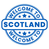 Blue Welcome To Scotland Sign, Stamp, Sticker with Stars vector illustration