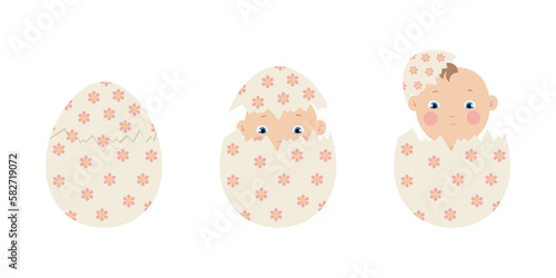 Human baby hatching from egg, embryo development evolution, vector illustration.