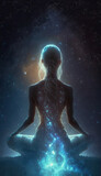 Yoga concept with back view woman sitting in lotus pose against starry sky background AI generated