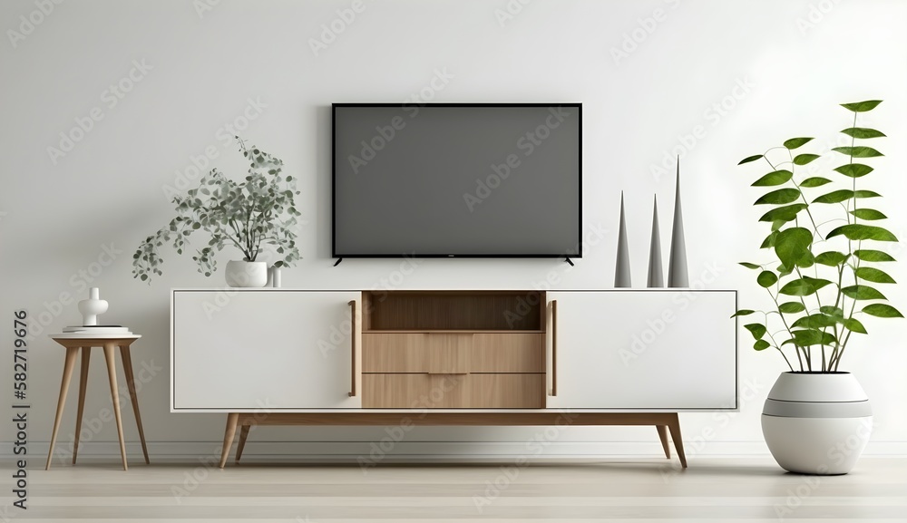 Smart TV on large white wall mock up, Mid century modern living room interior, with credenza sideboard, with plants and vases, mcm, modern luxury home décor, Samsung blank, stylized virtual staging Smart TV on large white wall mock up, Mid century modern living room interior, with credenza sideboard, with plants and vases, mcm, modern luxury home décor, Samsung blank, stylized virtual staging