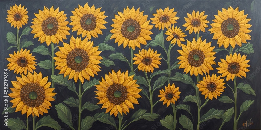 A painting of sunflowers on a black background A painting of sunflowers on a black background