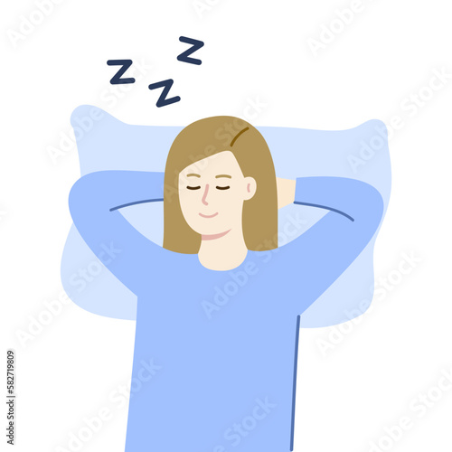 Relaxed woman sleeping with Pillow. Healthcare, insomnia, lifestyle. Flat vector people illustration.