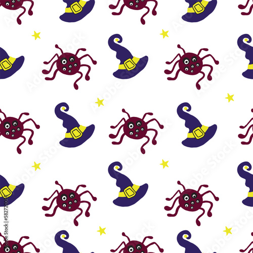 halloween seamless pattern with witch hat and spider