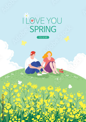 A couple of men and women sitting on a hill with yellow flowers are enjoying the spring sunshine.