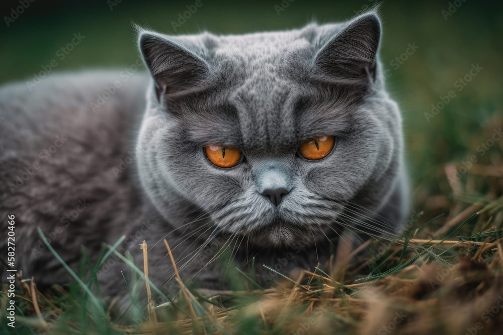 A sad looking British cat rests on the grass and looks at the camera. Generative AI