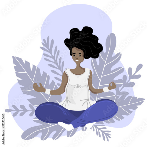 African american pregnant woman doing yoga, having healthy lifestyle and relaxation, exercises for pregnant woman. Happy and healthy pregnancy concept. Vector illustration with nature background