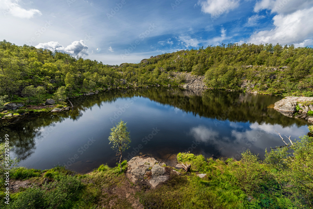 Norway Landscape. Mountain, Blue Sky. Reflection on Mountains Lake.