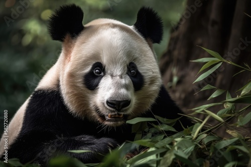 A large panda is sitting and eating bamboo. Species under risk. Mammal that is black and white and resembles a teddy bear. A deep photograph of a rare bear. Generative AI