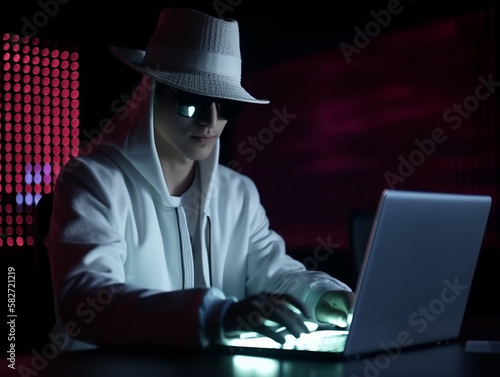 Anonymous hacker with white hat. Concept of hacking cybersecurity, cybercrime, cyberattack, etc. photo