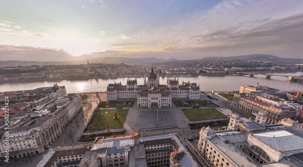 Budapest Aerial View of Hungarian Parliament Building and Danube River in Cityscape from a Drone Point of View. Panorama